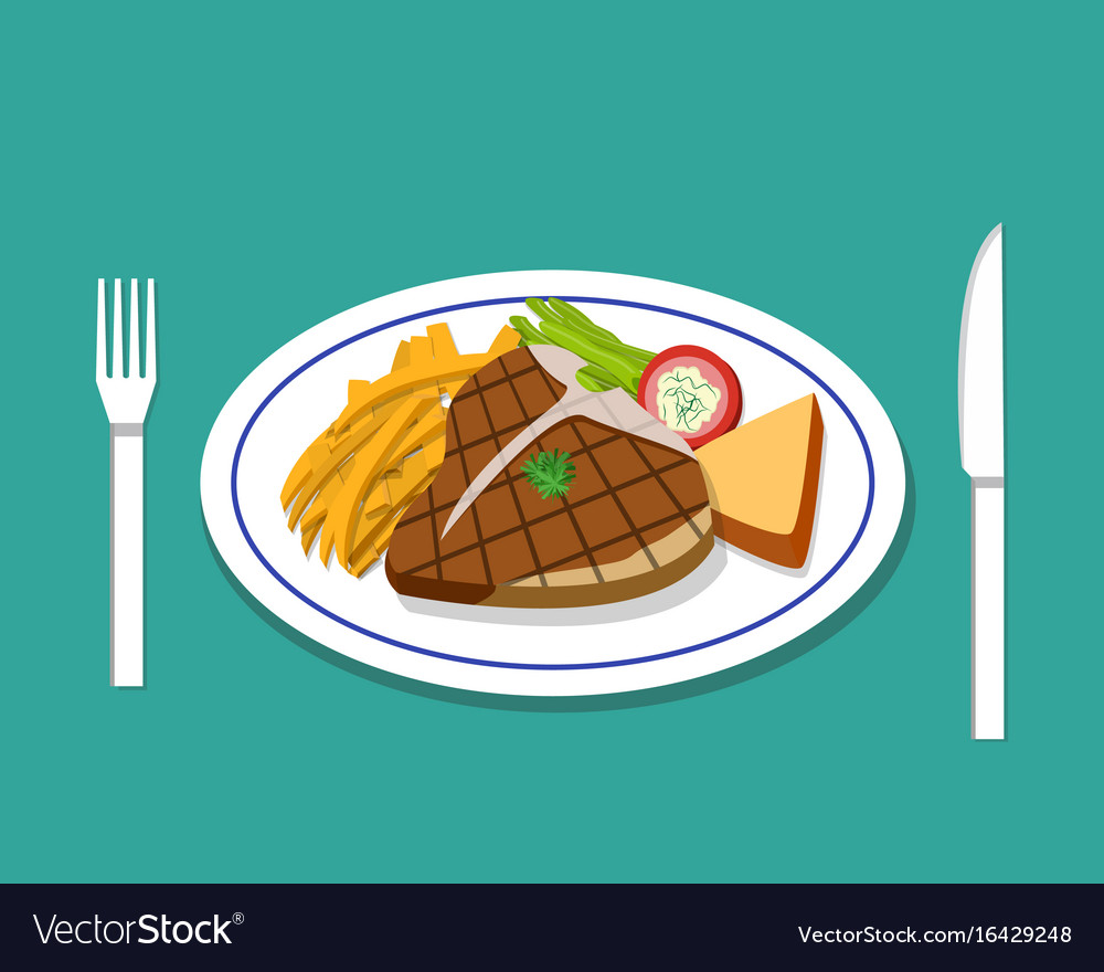 T-bone steak and french fries on dish