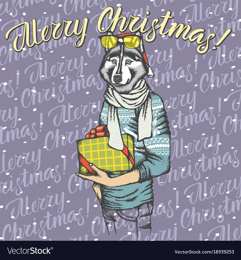 Christmas husky dog in santa hat and lettering