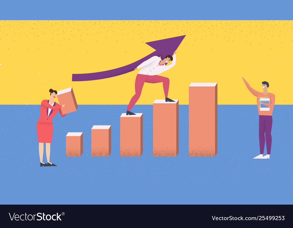 Employee helping each other to create bar graph vector image Employee helping each other to create bar graph