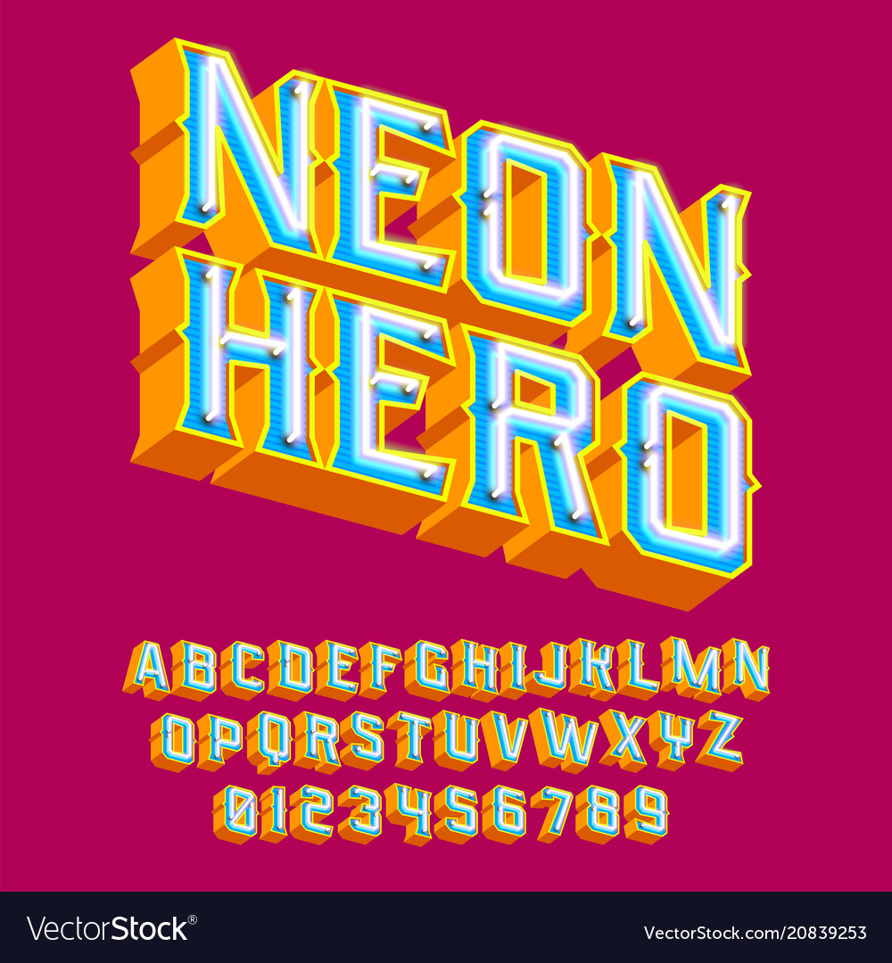 Neon hero - 3d vintage letters with lights vector image Neon hero - 3d vintage letters with lights