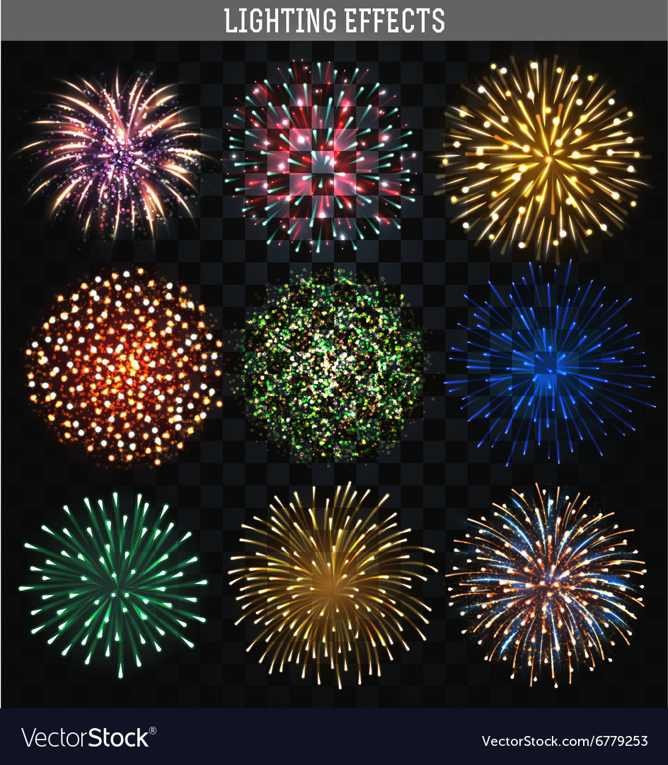 Set 9 realistic fireworks different shapes