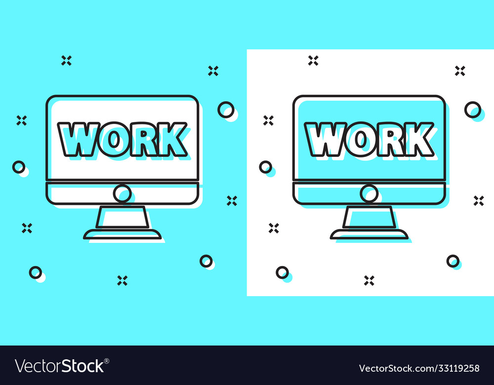 Black line computer monitor with text work icon vector image Black line computer monitor with text work icon