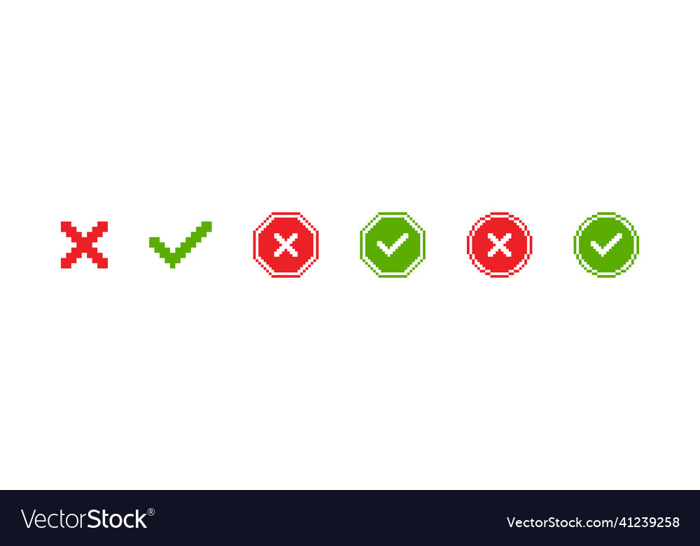 Pixel cross and check mark icon set 8 bit retro vector image Pixel cross and check mark icon set 8 bit retro