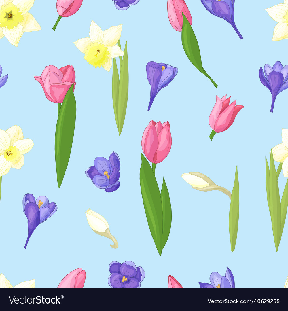 Seamless pattern of daffodils tulips and crocuses