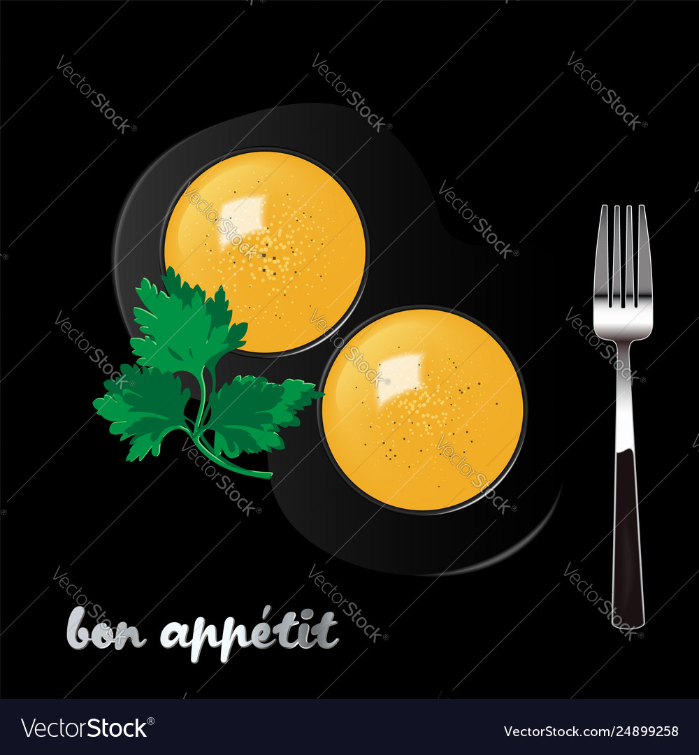 Two egg yolks and fork on black background