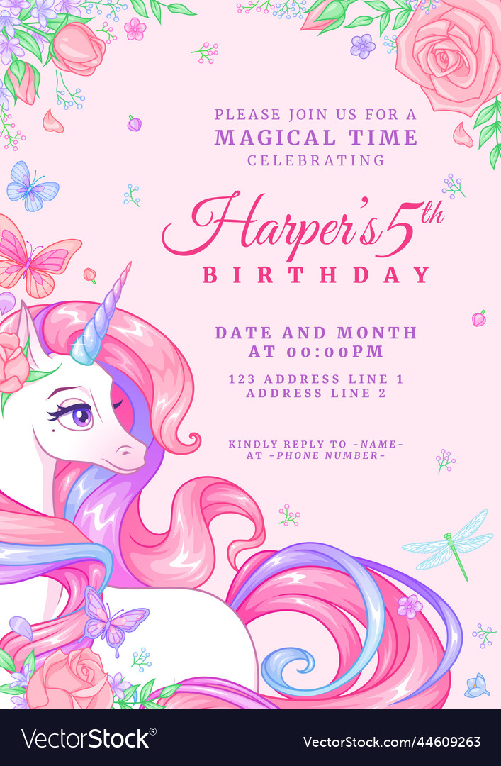 Birthday Party Invitation Template With Unicorn Vector Image