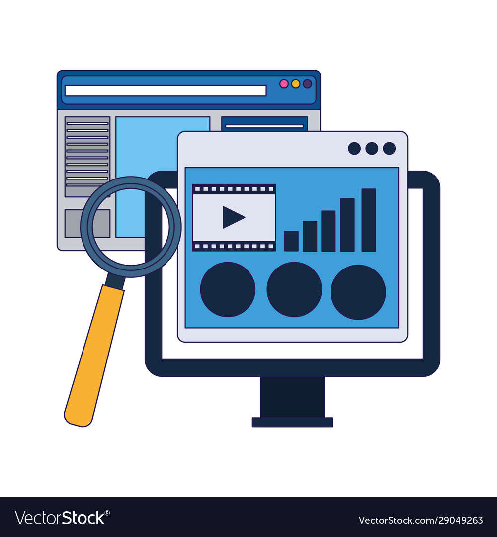 Computer with web pages and magnifying glass