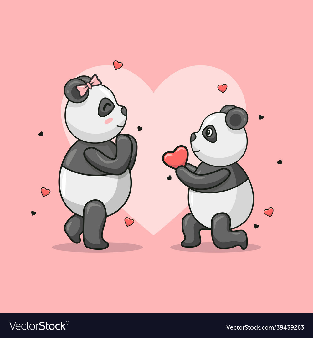 Cute panda couple animal bowing down to give love