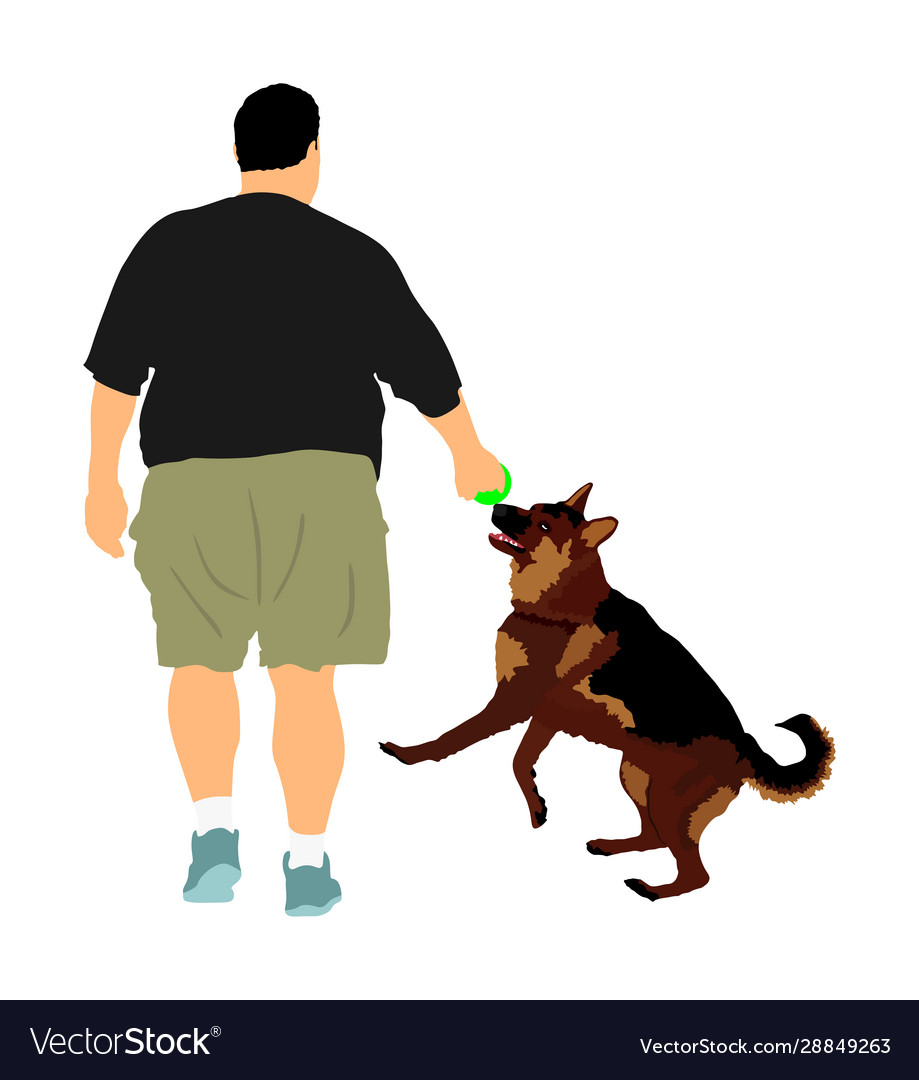 Fat man walking with dog health care outdoor