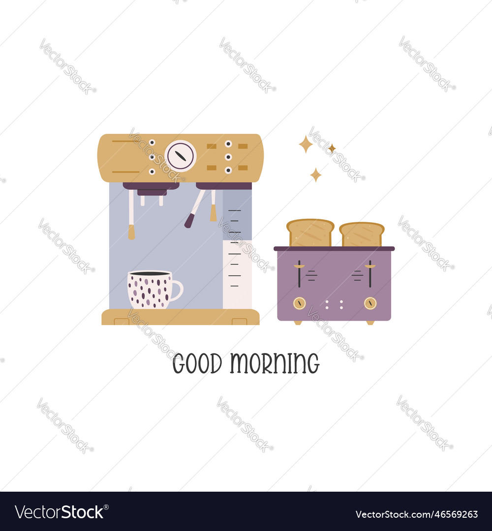Front view of a coffee machine and toaster