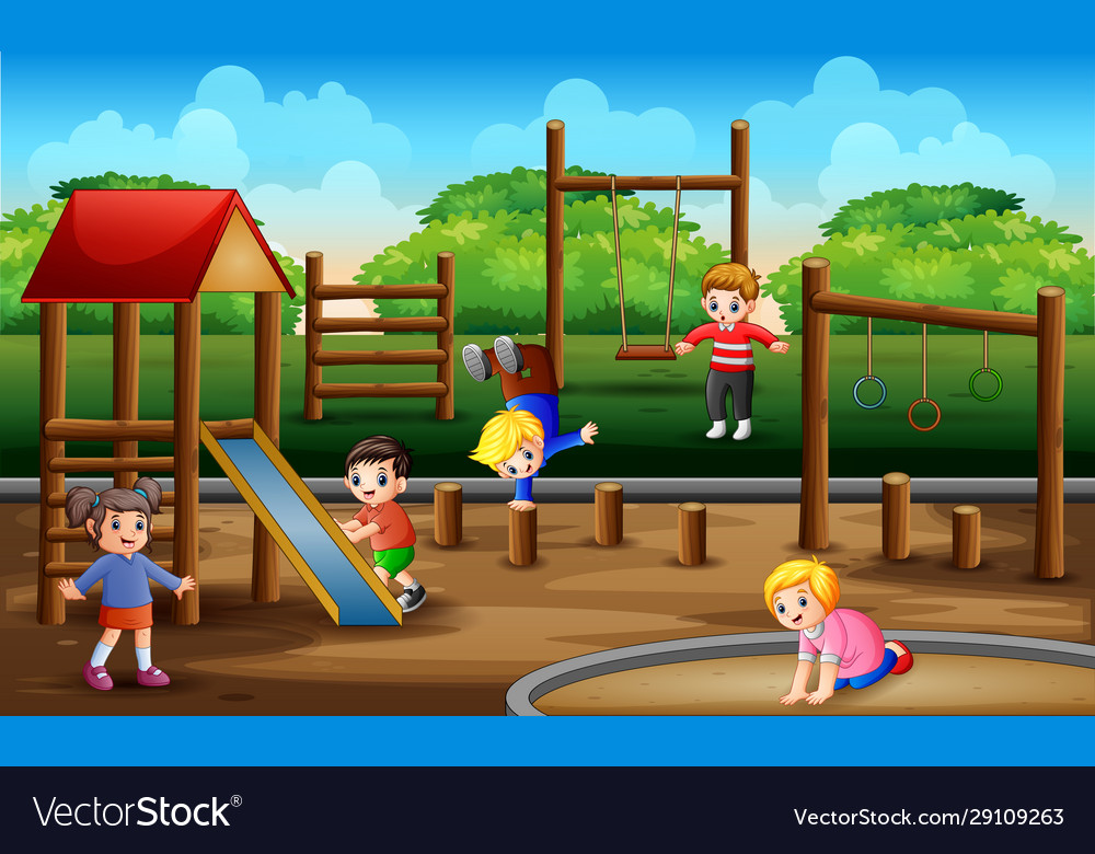 Happy Kids Playing In Playground Scene Royalty Free Vector