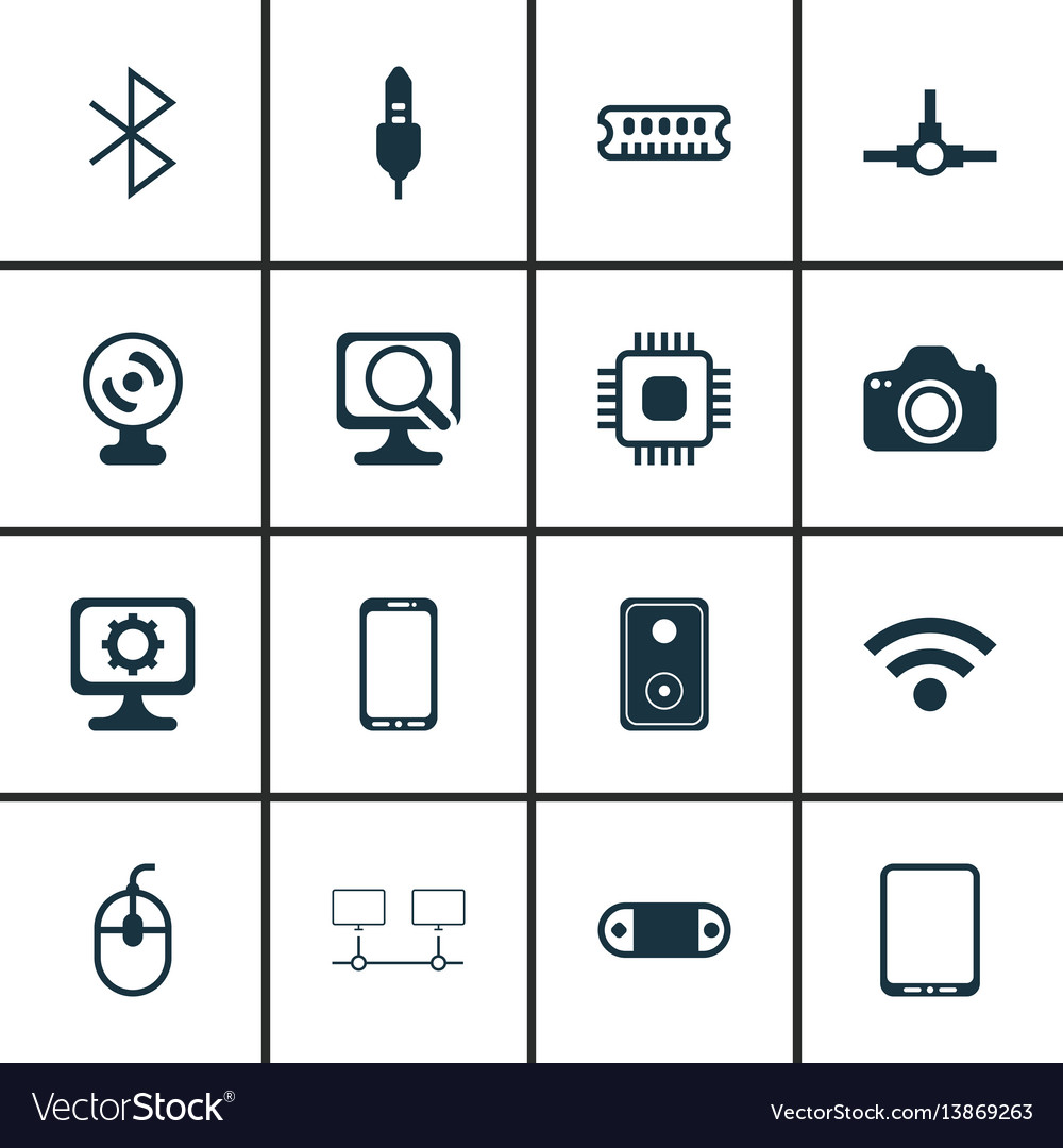 Set of 16 computer hardware icons includes radio vector image Set of 16 computer hardware icons includes radio