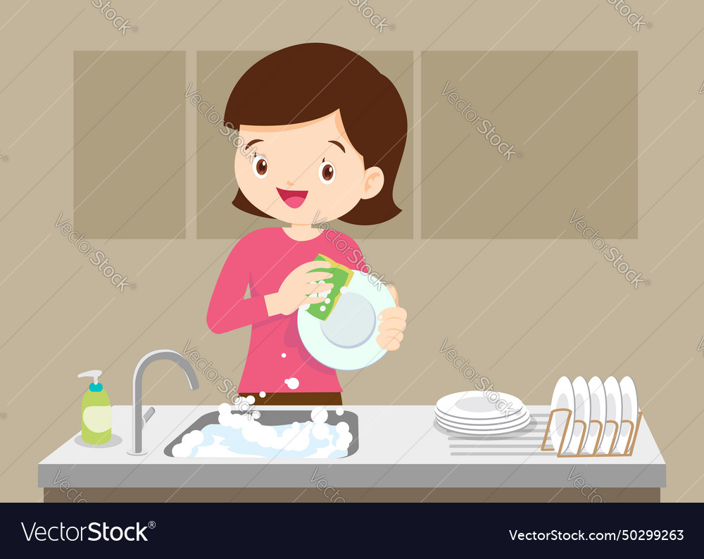 Woman wearing in an apron is washing dishes Vector Image