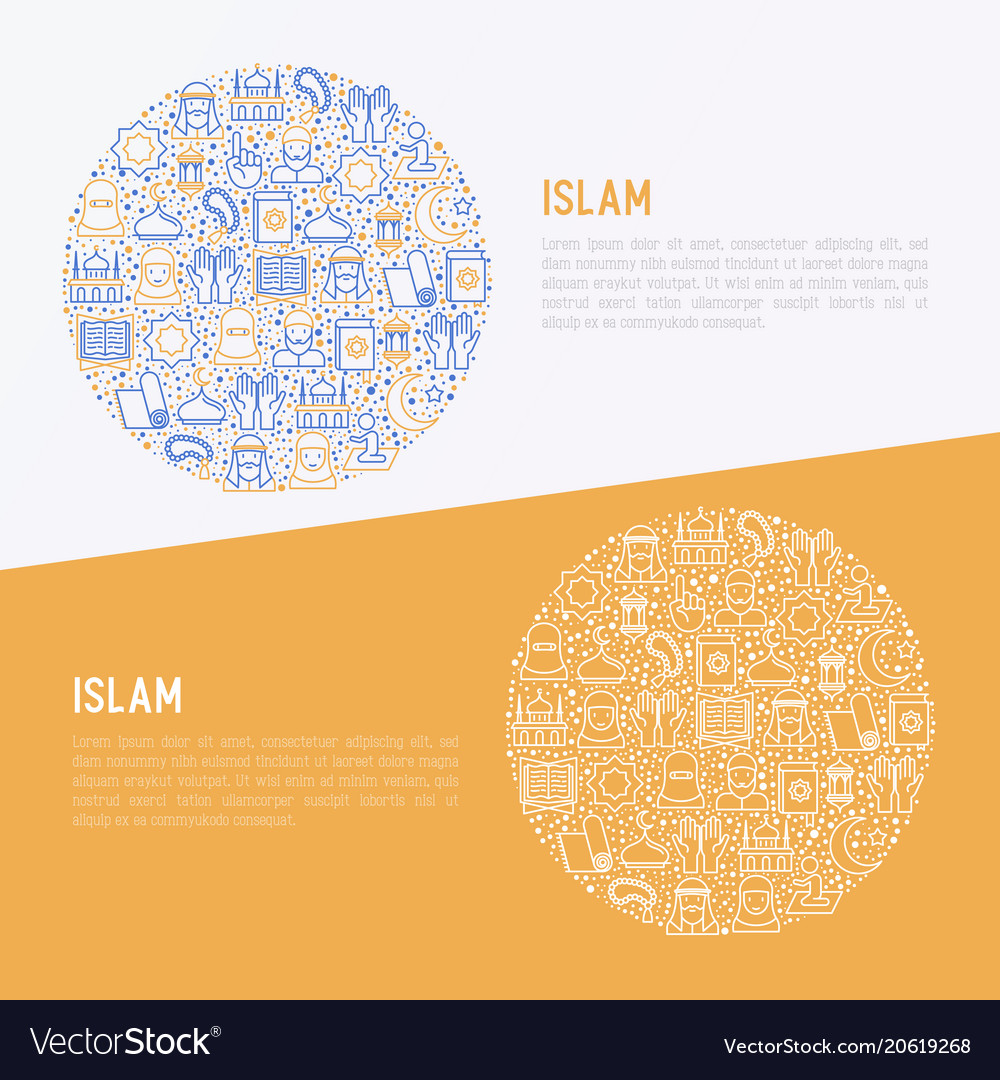 Islamic concept in circle with thin line icons