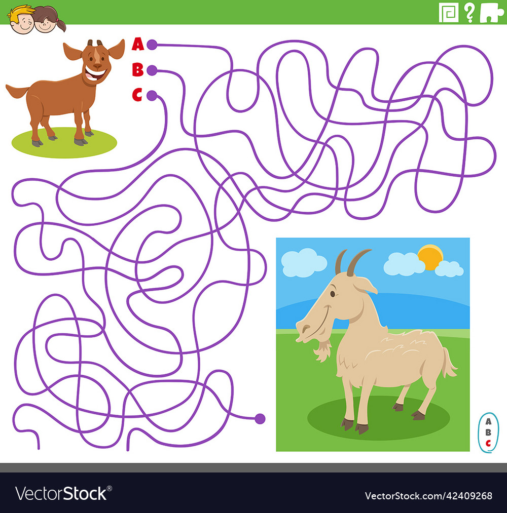 Maze game with cartoon goat character and little Vector Image