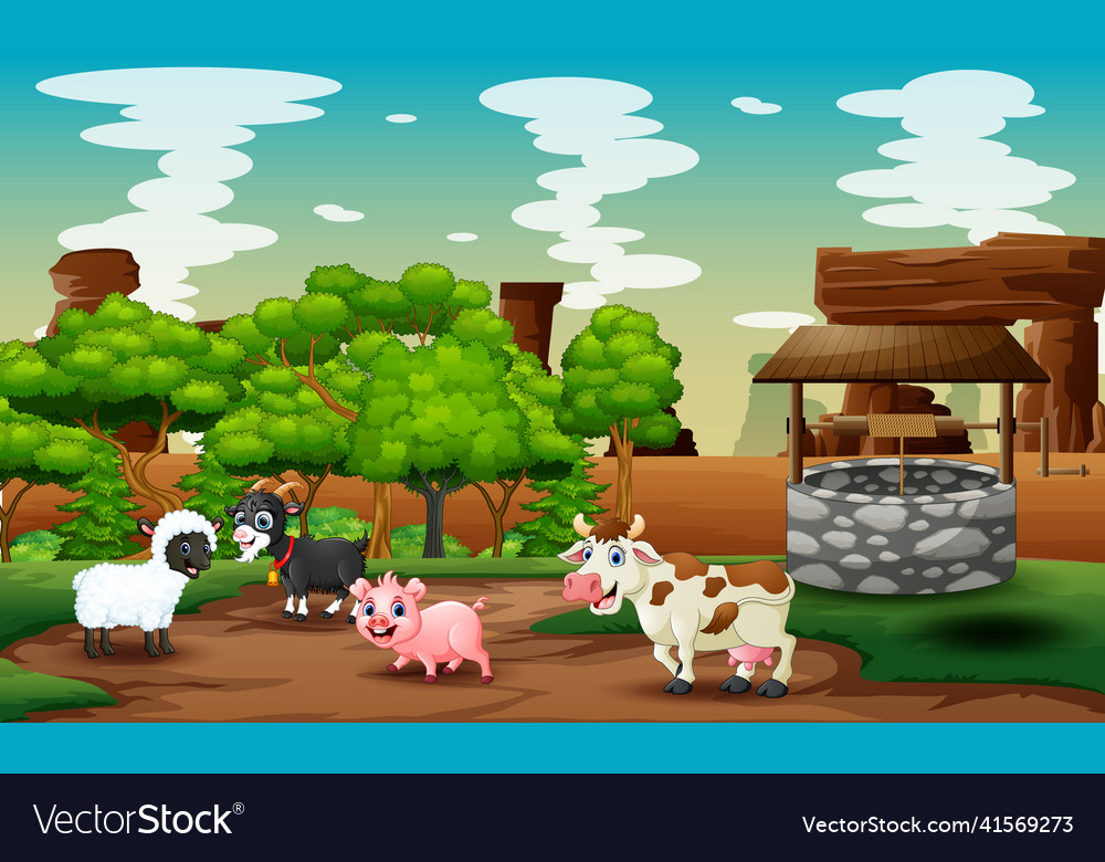 Cartoon animal farm playing in the farmland Vector Image