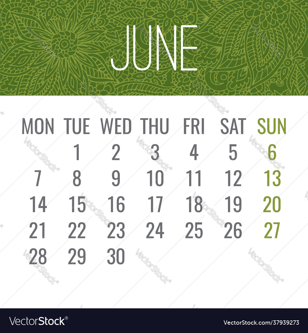 June year 2021 monthly floral calendar