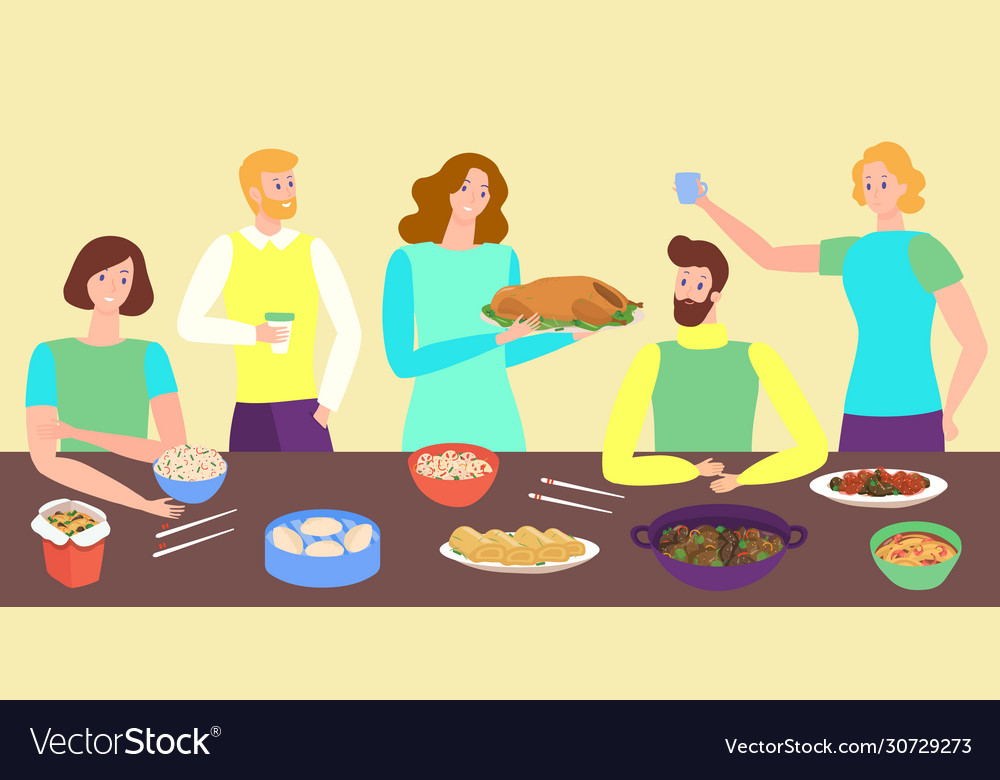 People eating asian food together friends cartoon Vector Image