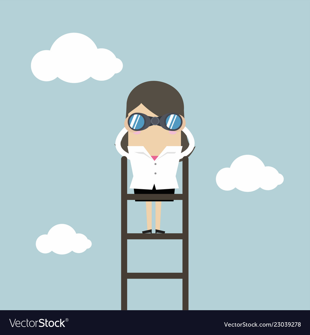 Businesswoman on a ladder using binoculars