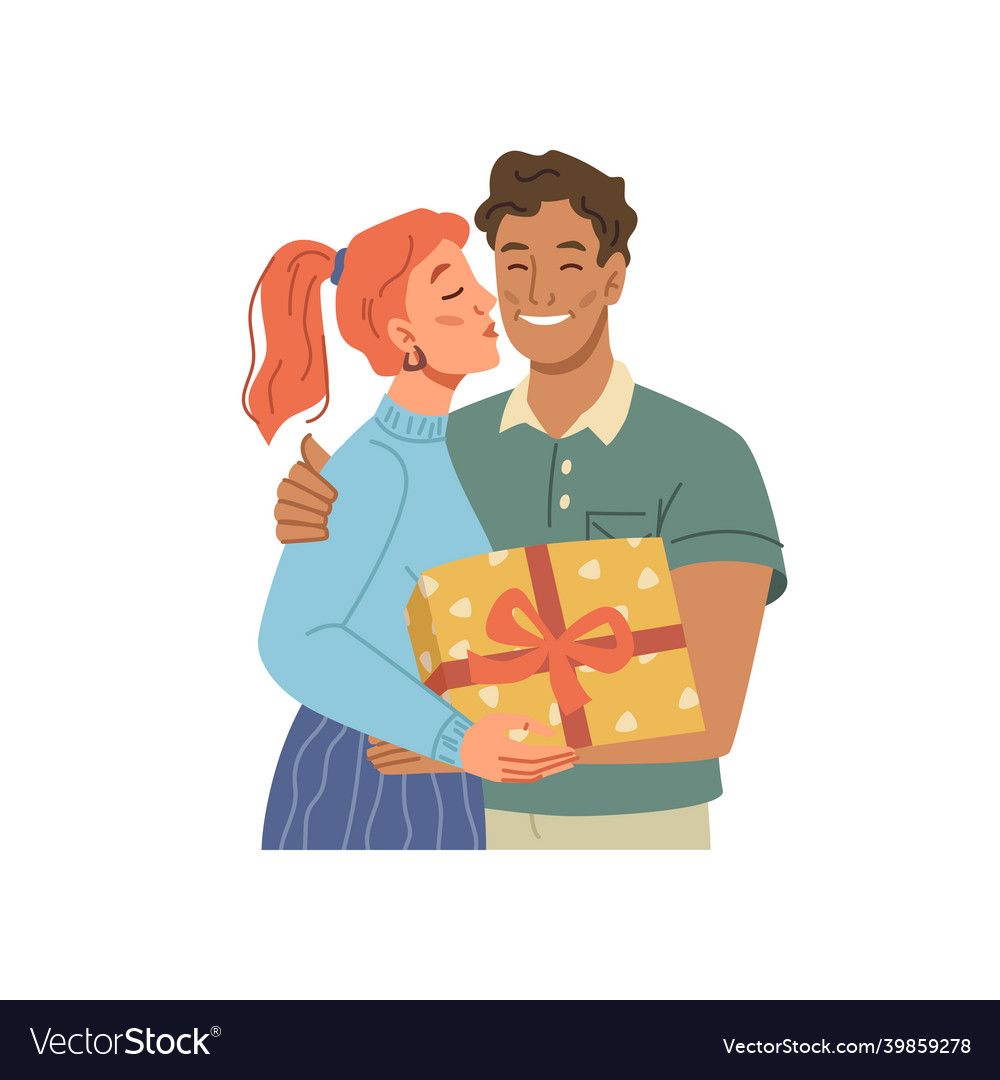 Cartoon couple wife giving present box to husband Vector Image Cartoon couple wife giving present box to husband Vector Image