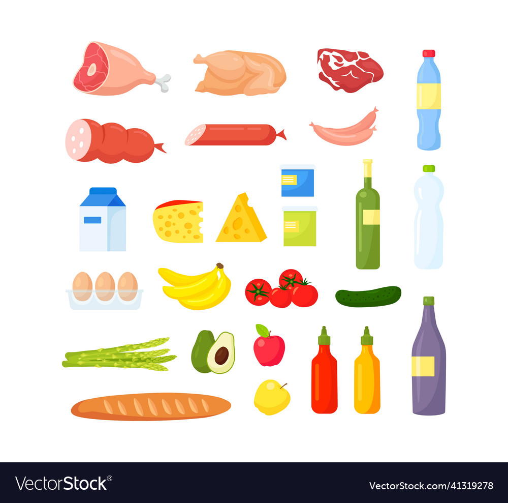 Different food set fruits and vegetables meat Vector Image