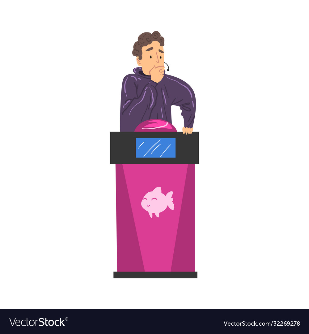 Man thinking at quiz question participant playing vector image Man thinking at quiz question participant playing