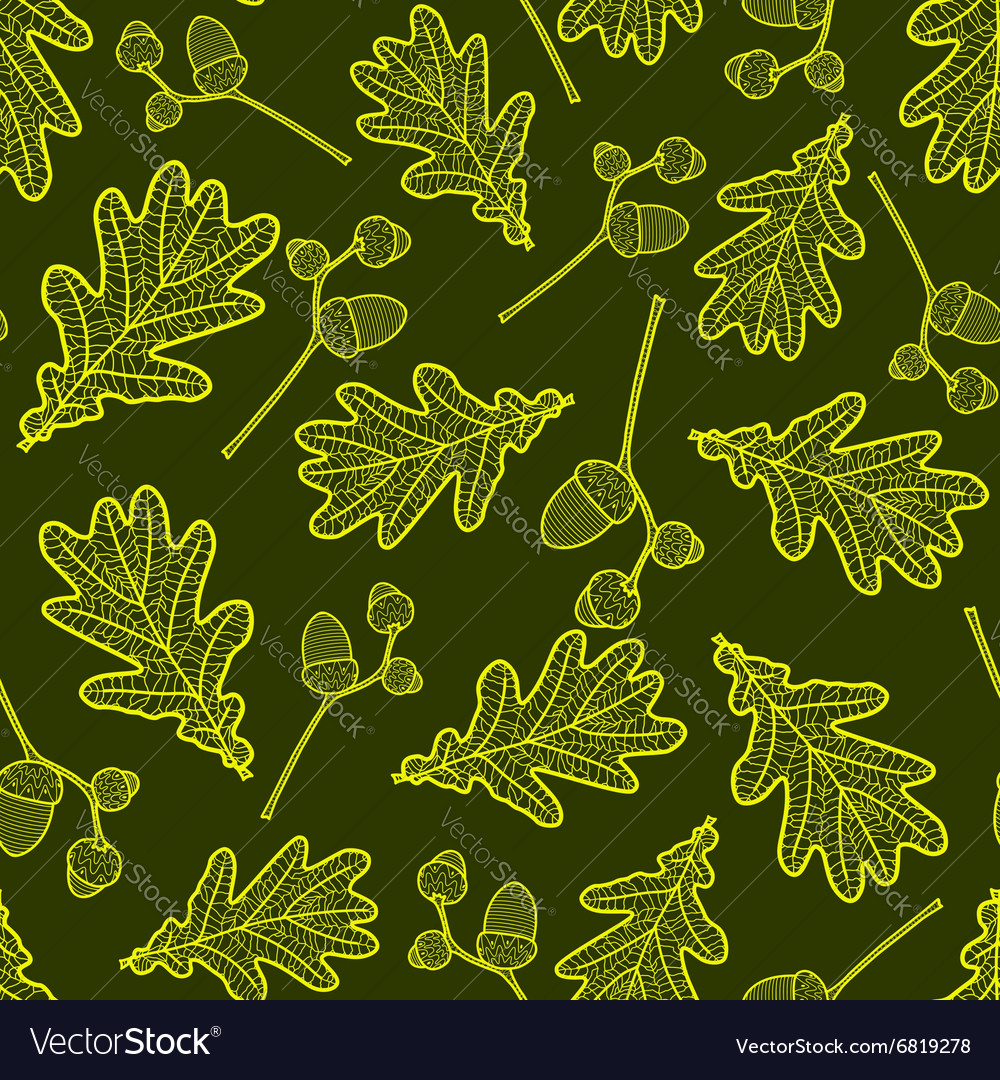 Seamless pattern of branches with acorns and oaks