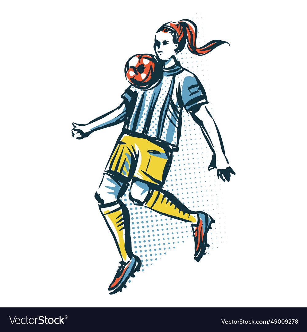 Soccer player girl with ball hand drawn