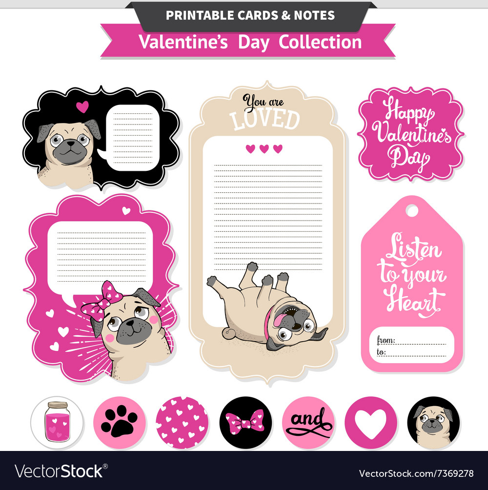 Valentines Day Printable Set Wih Funny Pugs Vector Image