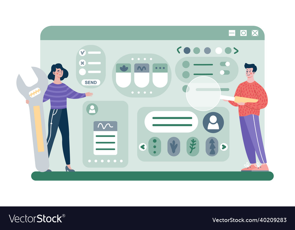 Designers working on ui ux design concept vector image Designers working on ui ux design concept