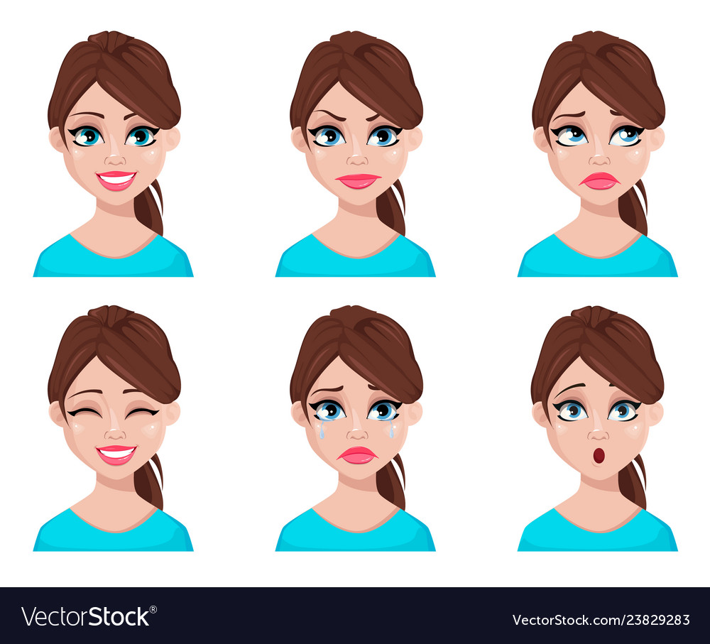 Face expressions of woman in blue blouse