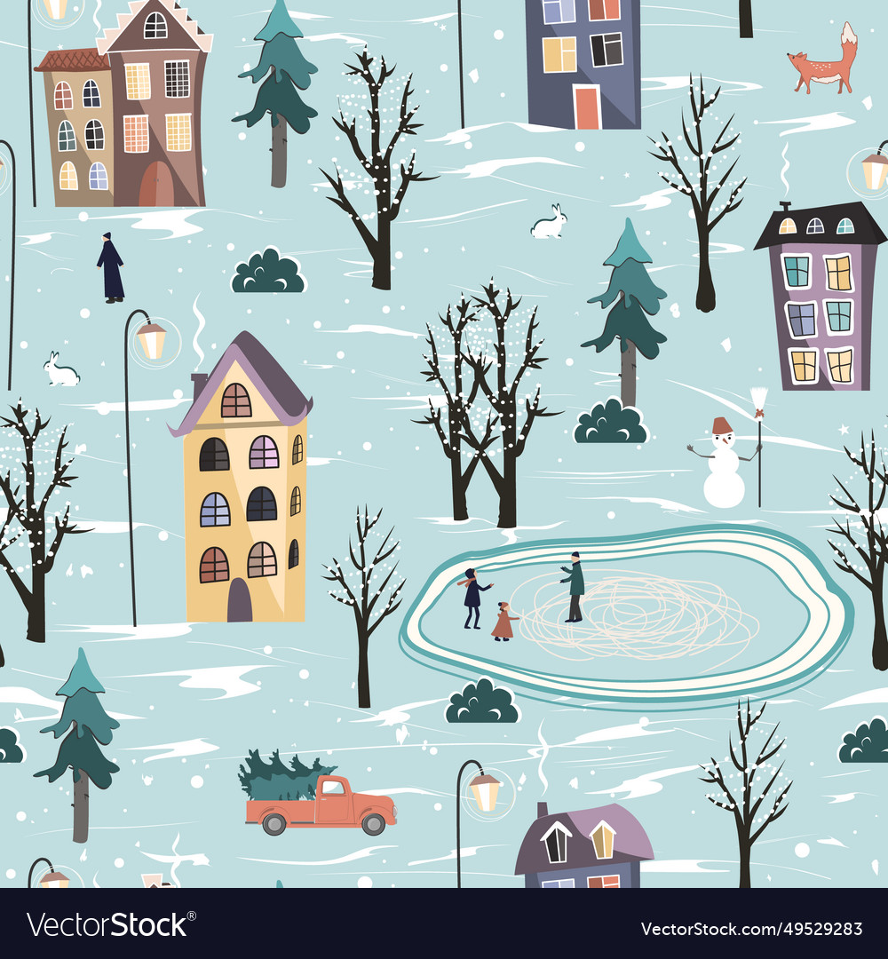 Winter seamless pattern with snowy town landscape