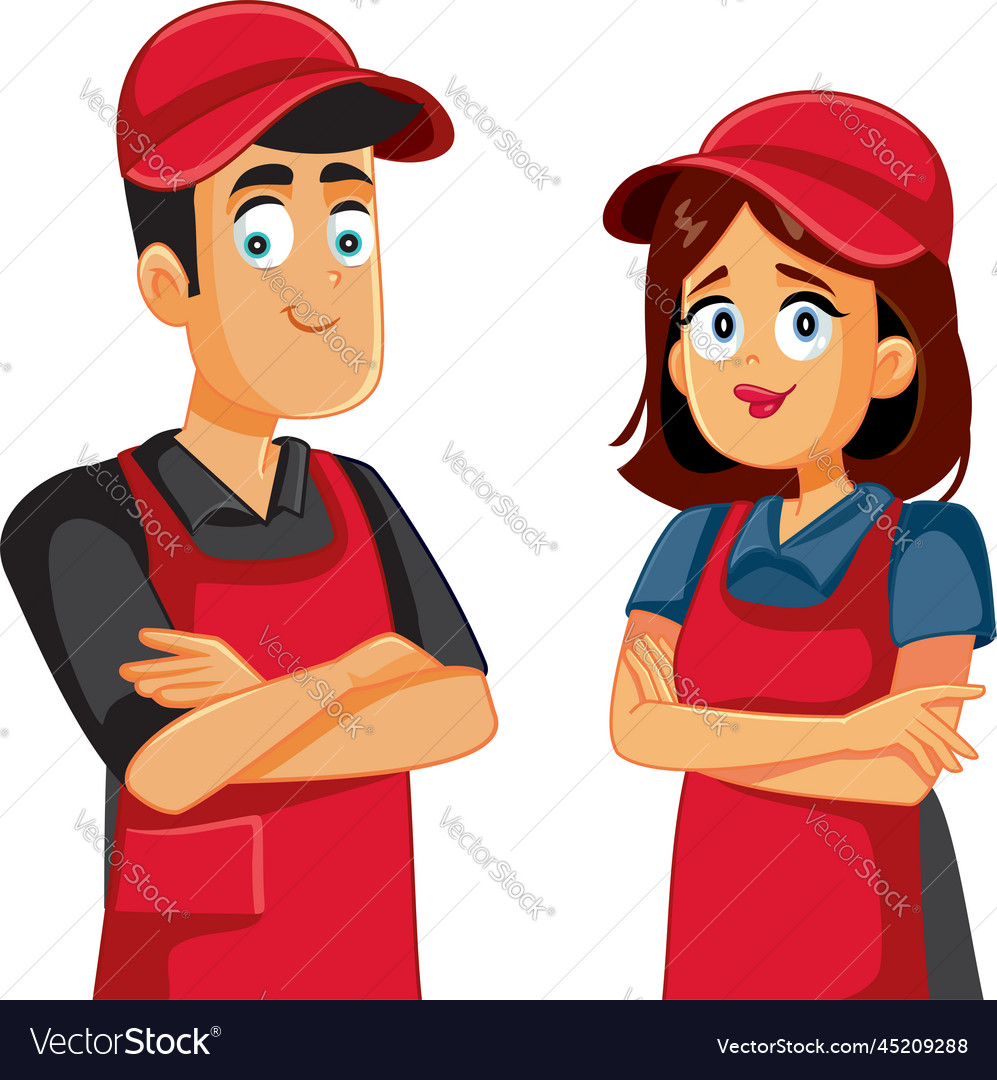 Supermarket staff working together cartoon