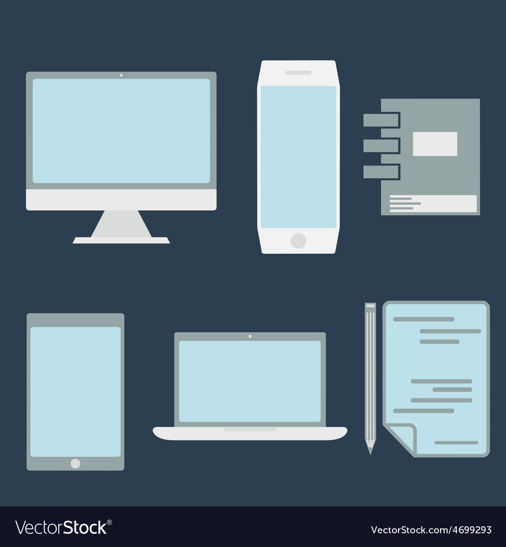 Flat design office elements and computer tablet