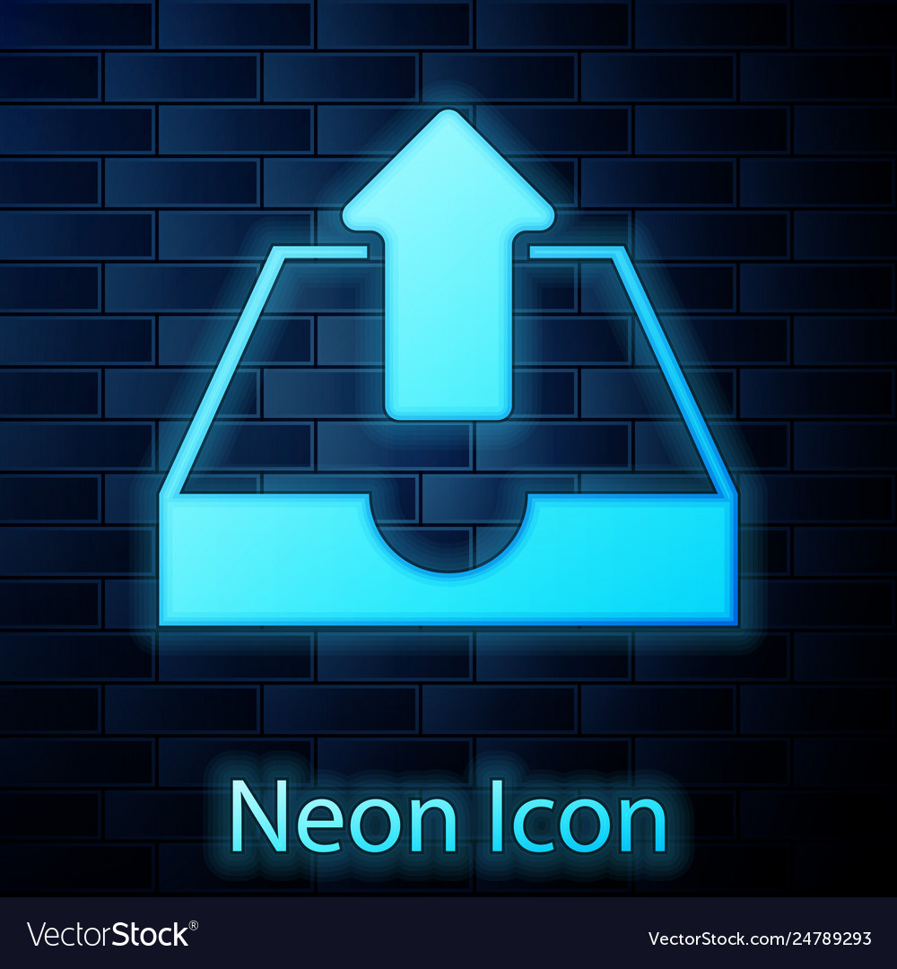 Glowing neon upload inbox icon isolated on brick vector image Glowing neon upload inbox icon isolated on brick