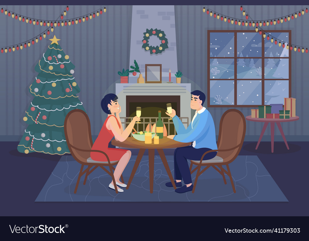 Christmas dinner for couple flat color