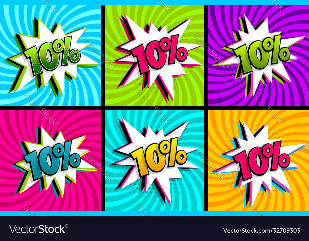 Comic text 10 percent sale set discount Royalty Free Vector