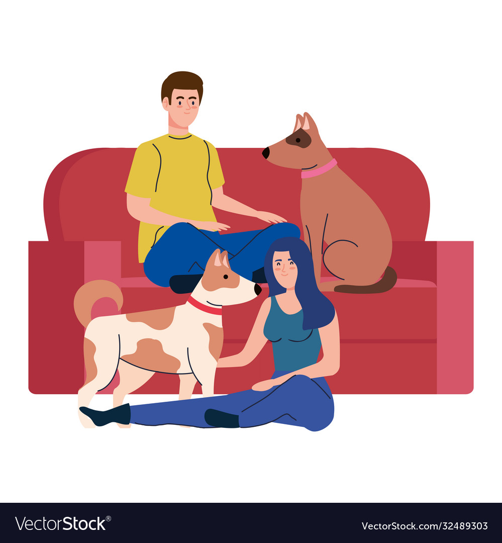 Couple with cute dogs pets and couch in white