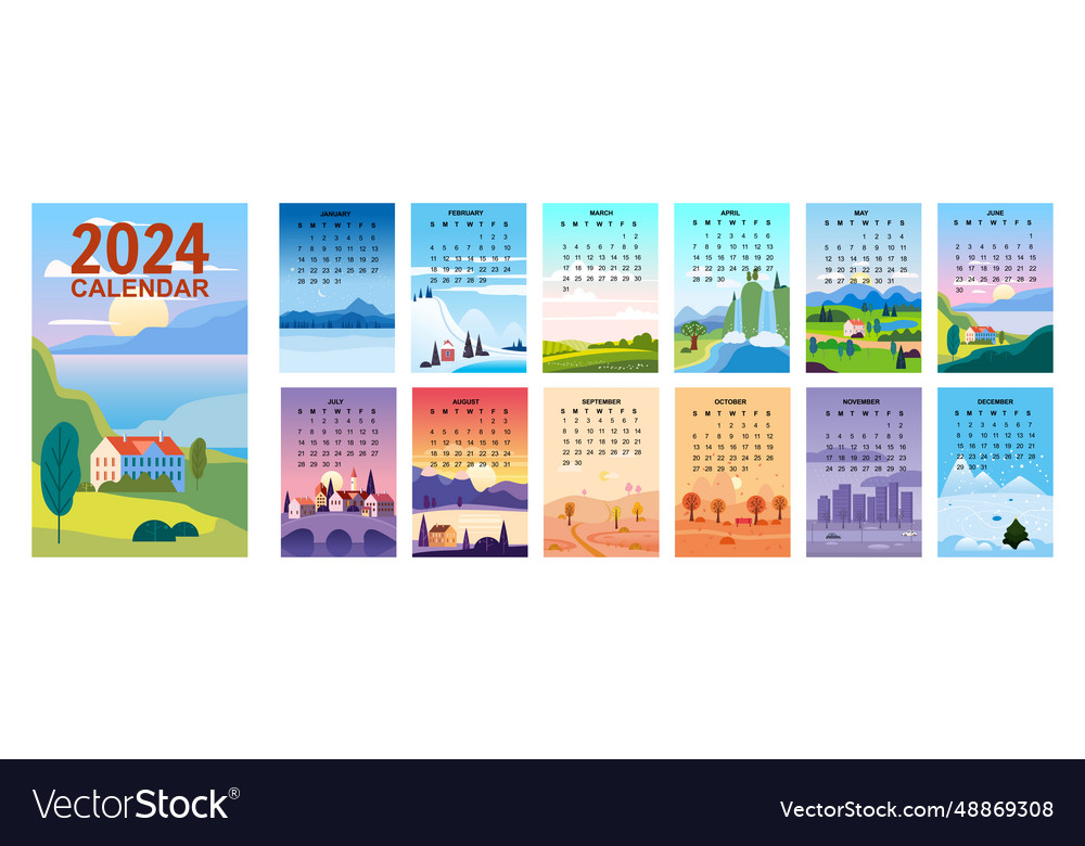 2024 wall calendar set of 12 landscape natural Vector Image