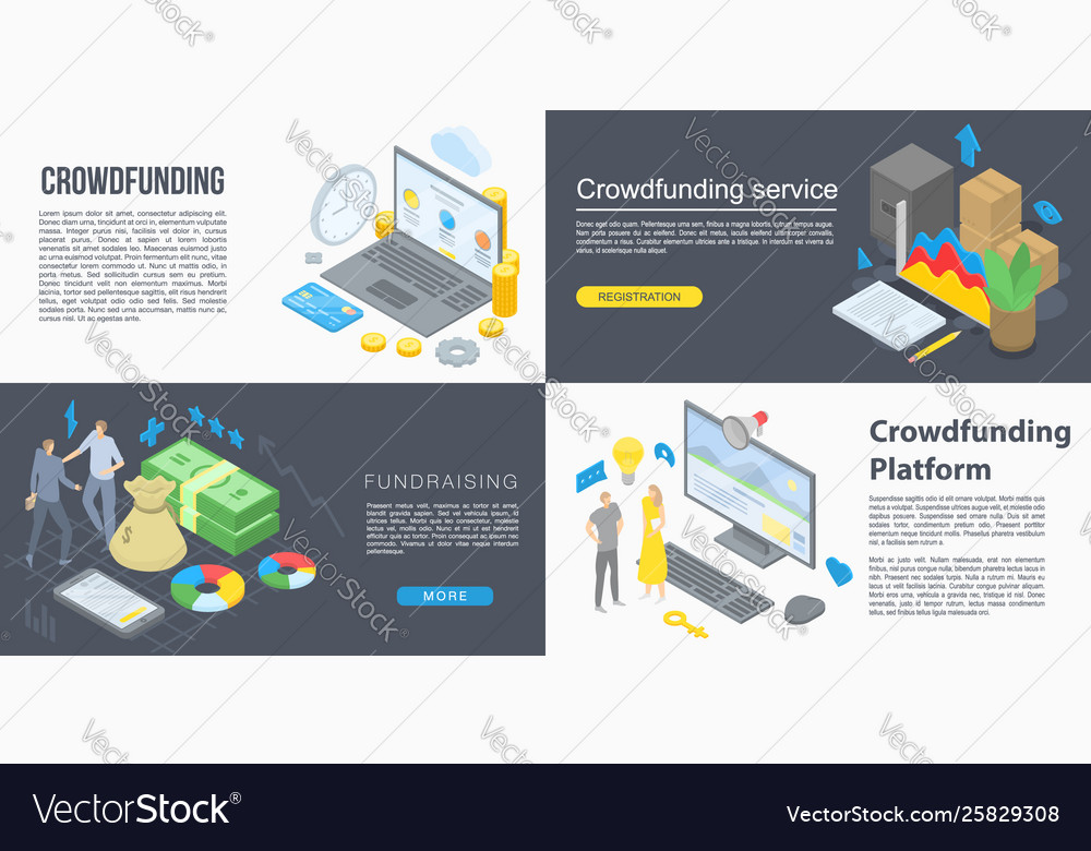 Crowdfunding Banner Set Isometric Style Royalty Free Vector