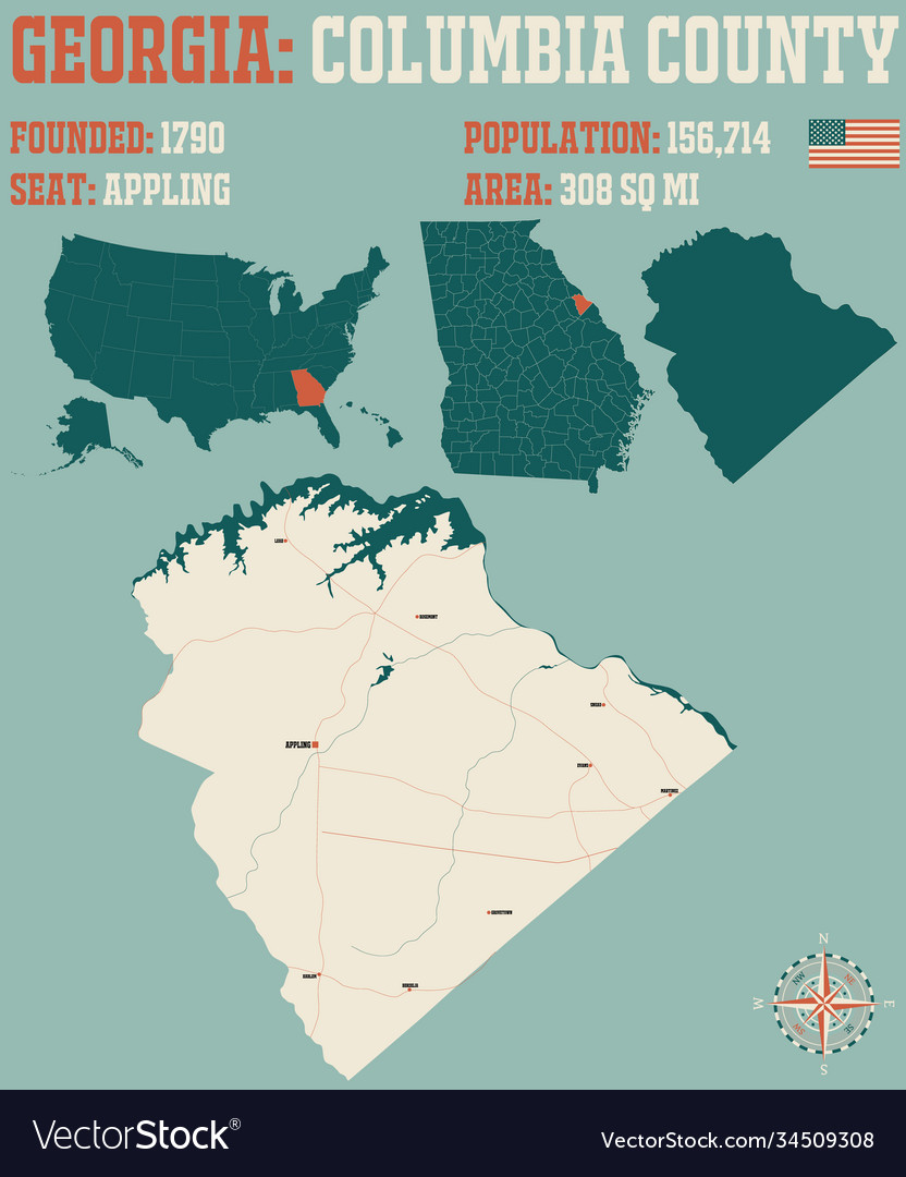Map columbia county in georgia Royalty Free Vector Image