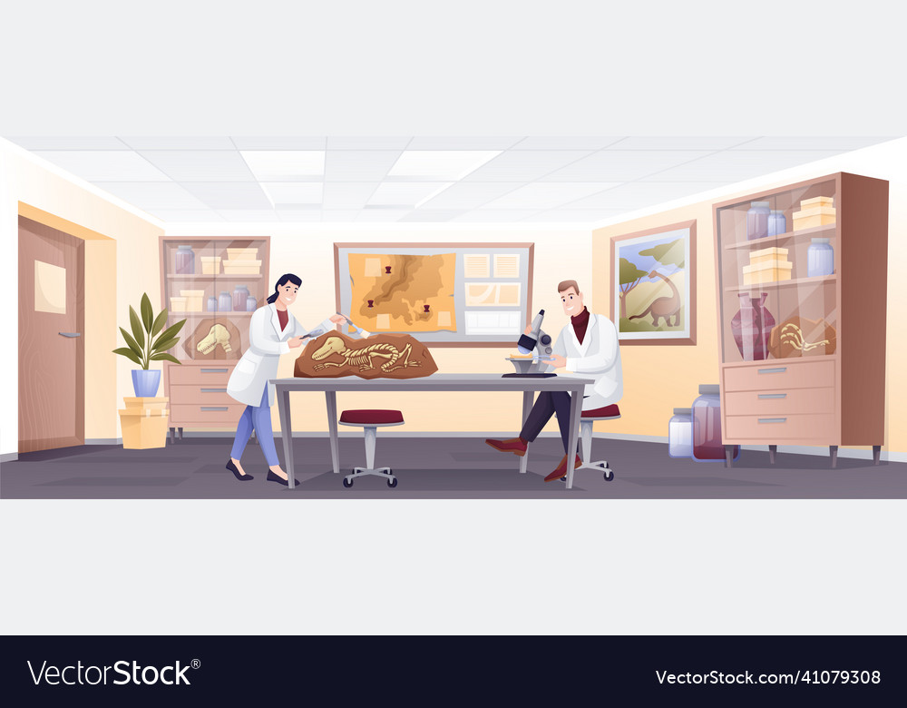 Paleontologists doing research with fossils in lab vector image Paleontologists doing research with fossils in lab