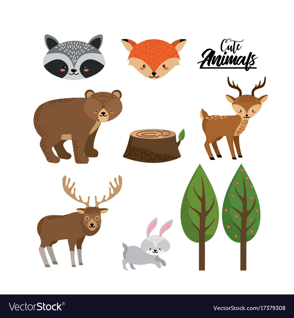 Set cute wild animal with natural trees