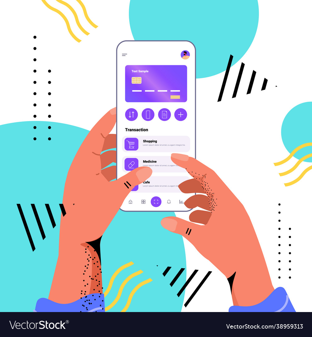 Hands using mobile banking app with credit card vector image Hands using mobile banking app with credit card
