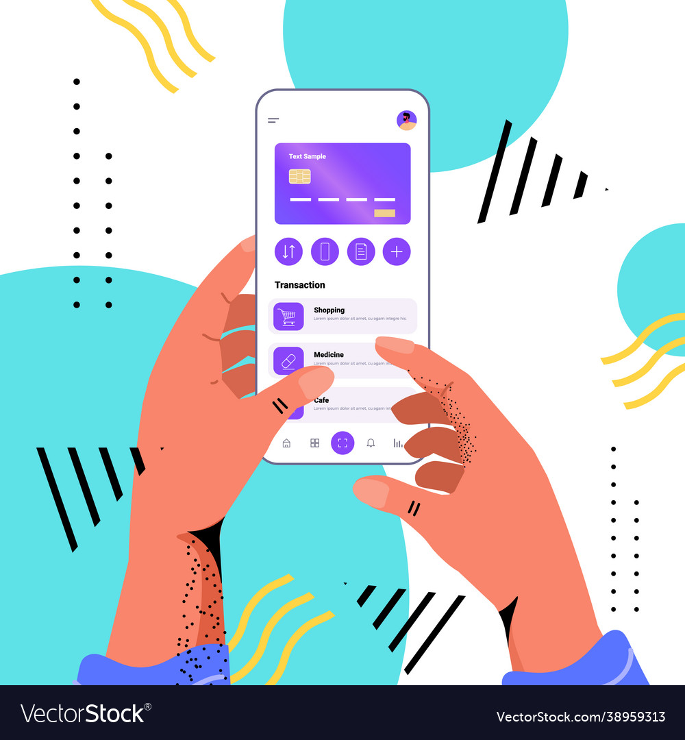 Hands using mobile banking app with credit card
