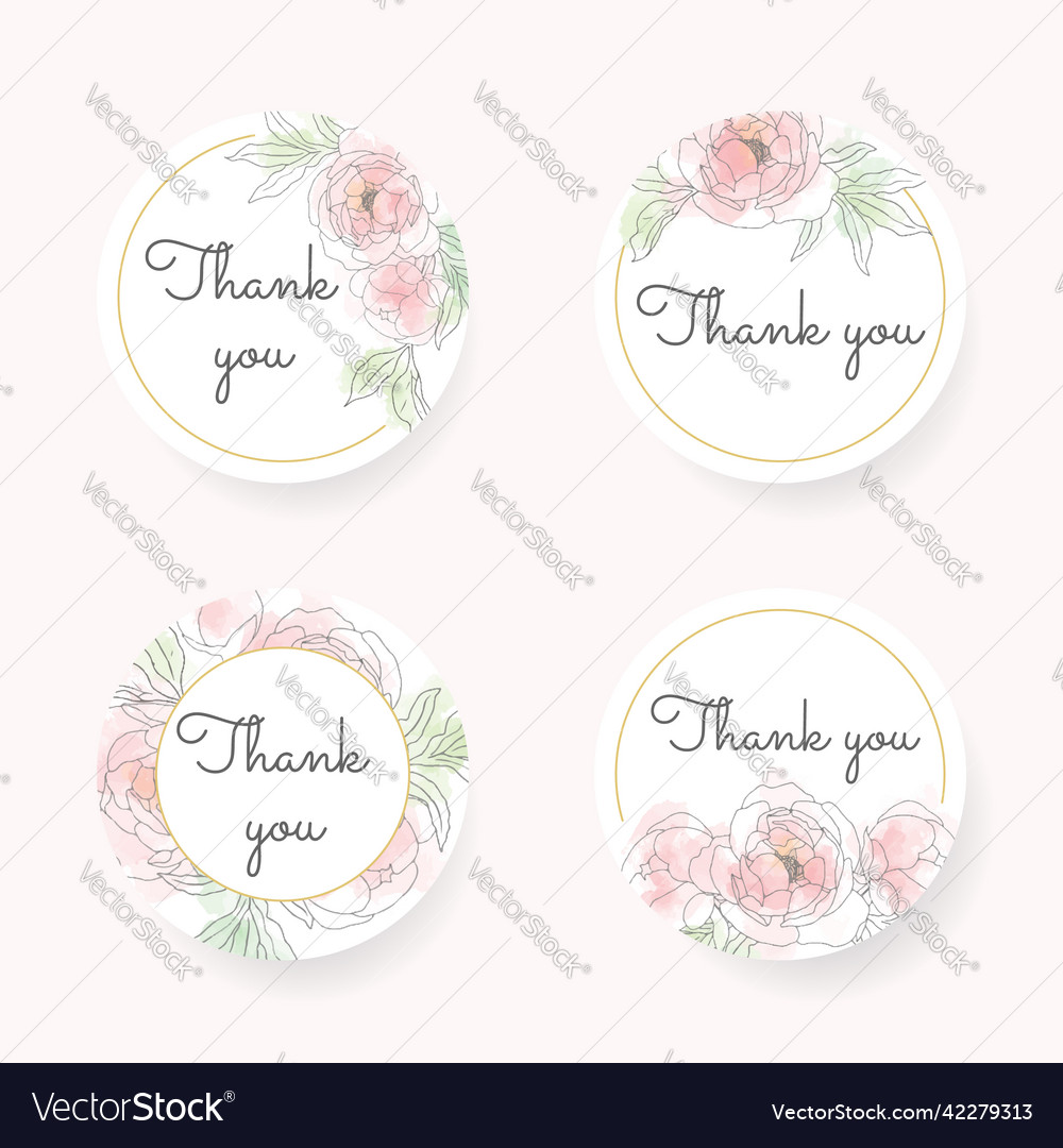 Loose line art poeny thank you sticker collection vector image Loose line art poeny thank you sticker collection