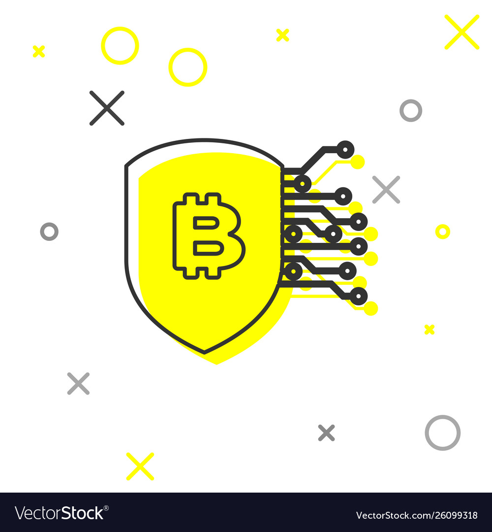 Grey shield with bitcoin line icon isolated