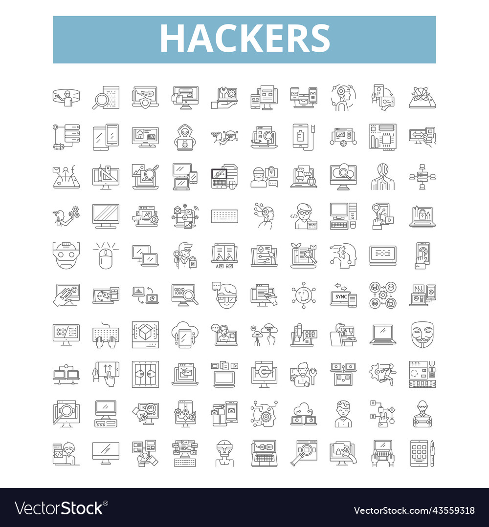 Hackers icons line symbols web signs set vector image Hackers icons line symbols web signs set