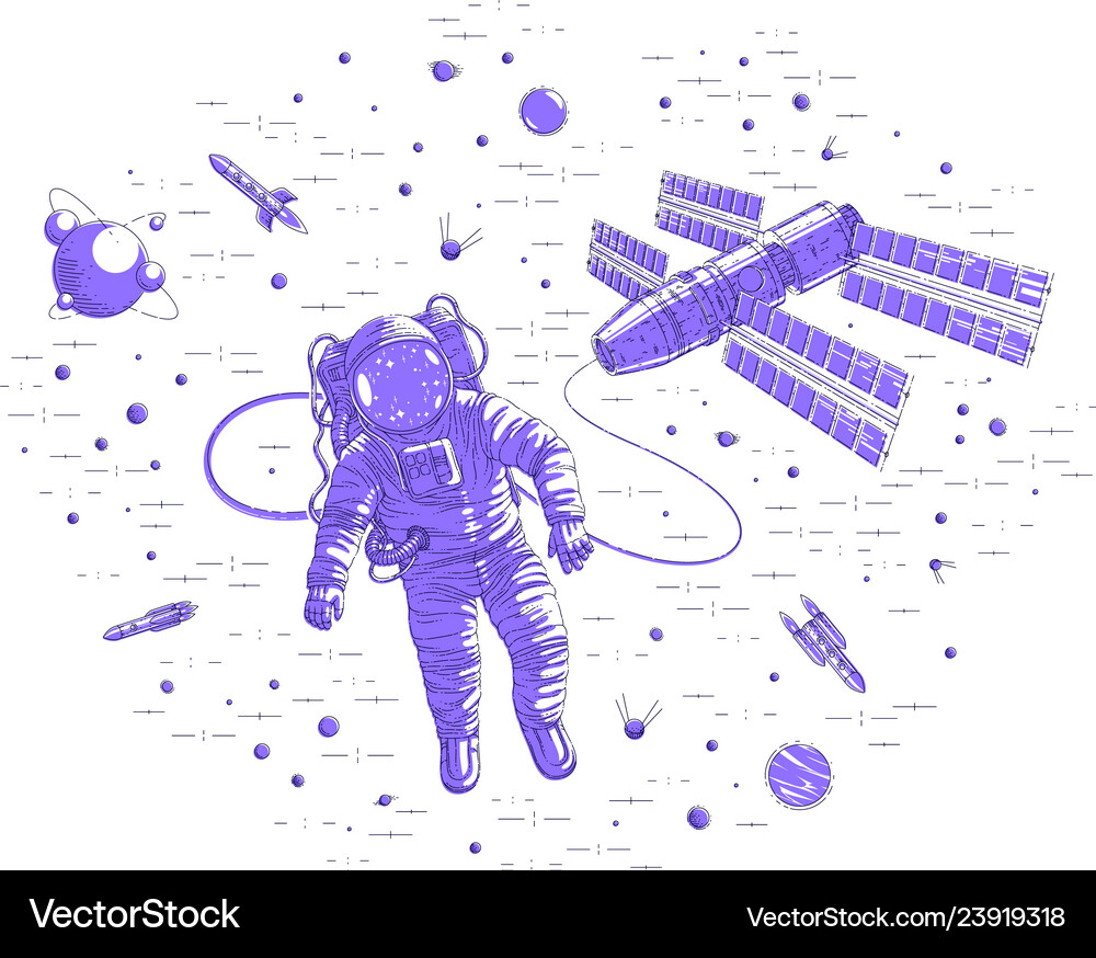 Spaceman flying in open space connected Royalty Free Vector