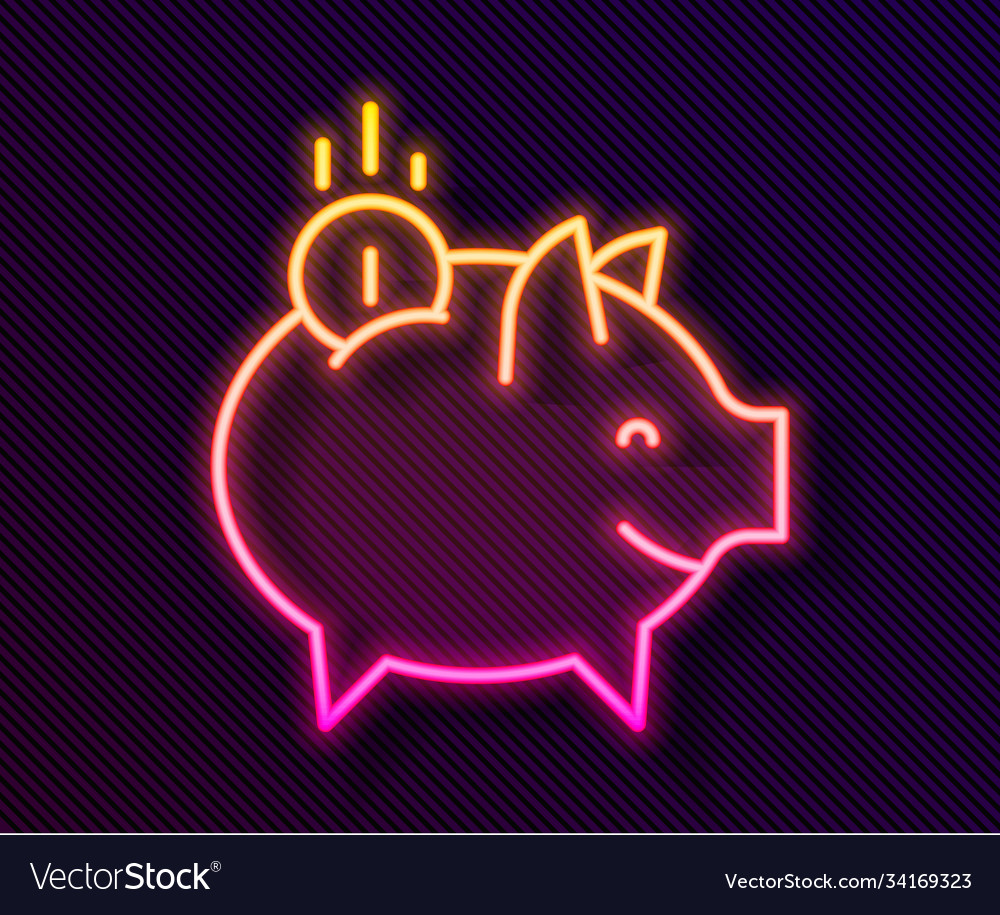 Glowing neon line piggy bank with coin icon